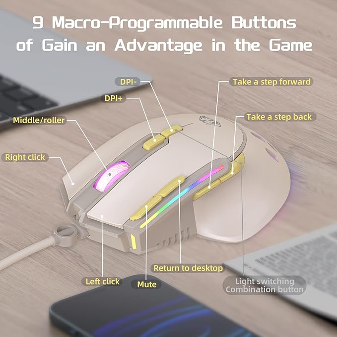 MAGIC-REFINER M2 Wired Gaming Mouse with 6 Types RGB Backlit High Precision Adjustable 12800DPI,PC Gaming Macro Programming Mouse Conform Right Hand Engineering USB Plug Play for Laptop Mac（Milkshake）