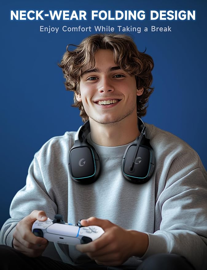Gvyugke 2.4GHz Wireless Gaming Headsets for PS5, PS4, PC, Switch - Bluetooth 5.3 Gaming Headphones with Noise Canceling Mic, 7.1 Surround Sound, 70H Battery, Blue Lighting - Matte Black