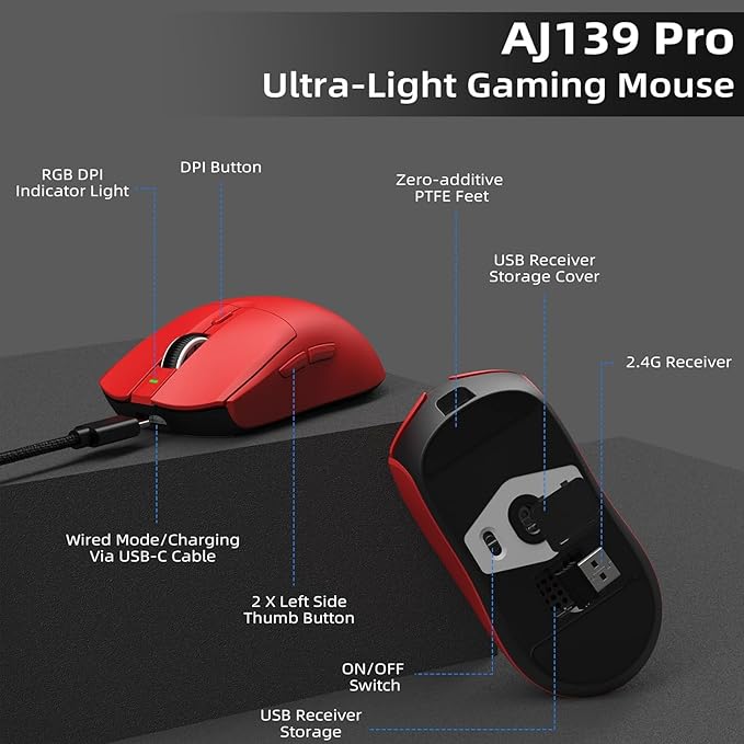 A.JAZZ AJ139 G Pro Wireless Gaming Mouse Ultra-Lightweight 59g with Dual Mode-Type C Wired/2.4Ghz USB Receiver up to 26000DPI 6 Programmable Button Ergonomic Symmetric for PS4 Xbox PC Mac Gamer(Red)
