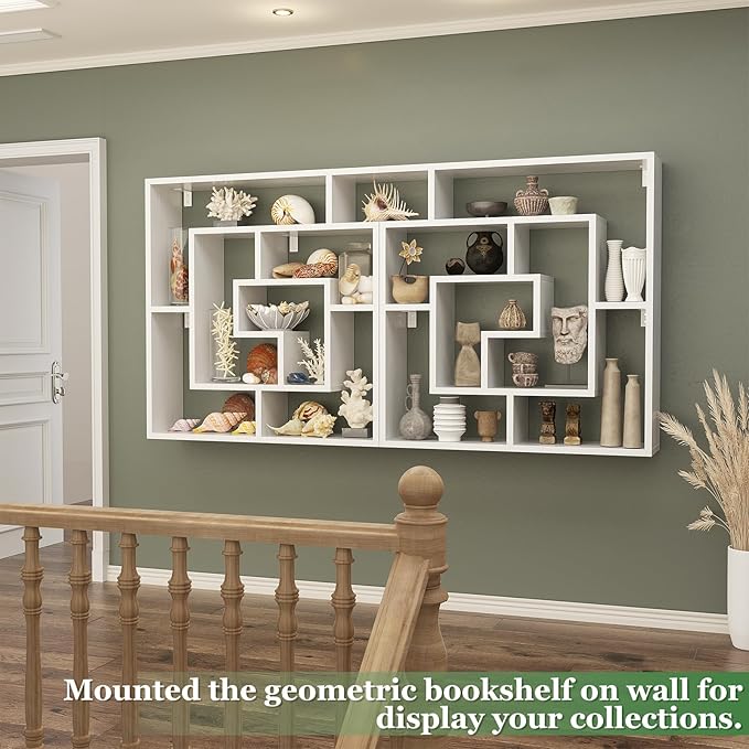 Armocity 6 Tier Display Book Shelf Wall Mounted Bookshelf Freestanding Geometric Bookcase Floating Book Shelves for Wall Bedroom Living Room Home Office, 45.5"(W) * 47"(H), White