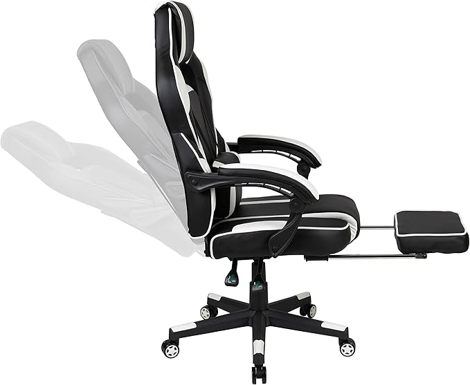 Flash Furniture Black Gaming Desk with Cup Holder/Headphone Hook/2 Wire Management Holes & White Reclining Back/Arms Gaming Chair with Footrest