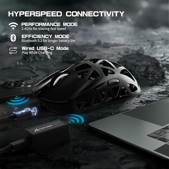 ZIYOU LANG x Attack Shark R2 Wireless Gaming Mouse, Ultra Lightweight Magnesium Alloy, PAW3950 42000 DPI Optical Sensor, 8KHz Polling Rate, BT/2.4G/Wired Programmable Mice with Grips Sticker (Black)