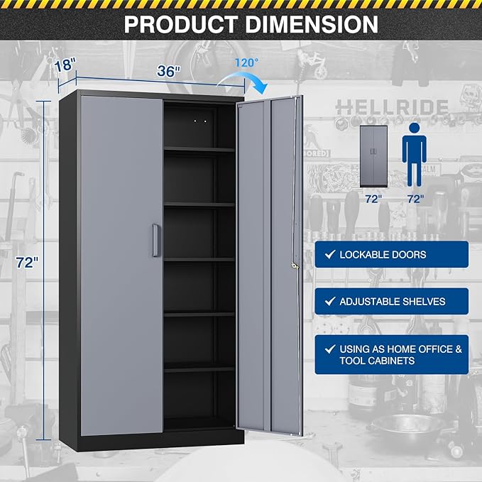 Fesbos Metal Storage Cabinet-72” Tall Steel File Cabinets with Lockable Doors and 5 Adjustable Shelves-Black&Gray Steel Storage Cabinet for Home, School, Office, Garage