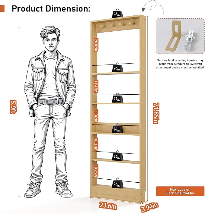 Behind The Door Bookshelf Kids,Wooden Behind Door Bookshelf, 5-Tier Bookcase Book Shelf Space-Saving Organizer Storage for Toys and Story Books Wall Mount Shelves with Hooks(Oak)