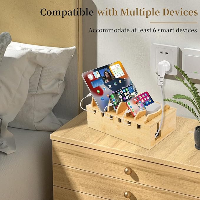 WRINGKIT Bamboo Charging Station for Multiple Devices, Desktop Charging Organizer with Removable Divider Slots, Docking Stations Stand for 6 Devices, Compatible with Tablets, iPads, Cell Phone, Laptop