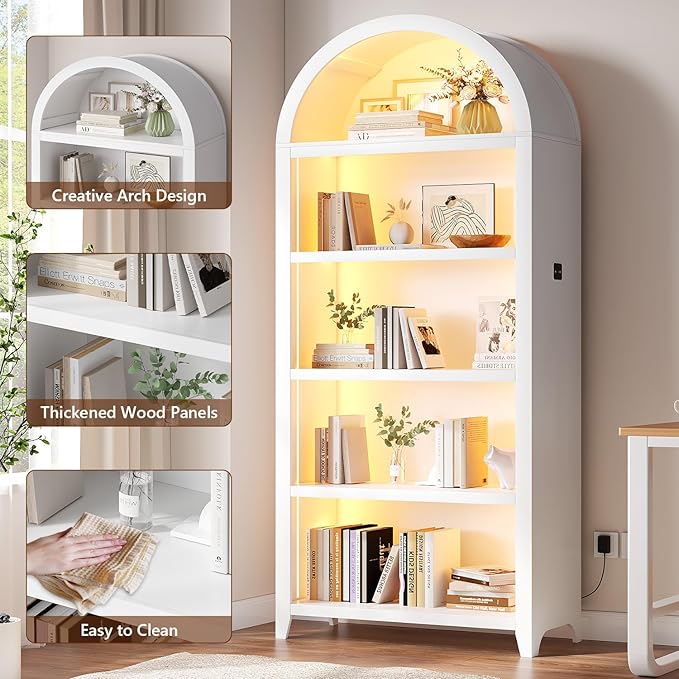 Arch Bookcase - 5 Tiers Bookshelf with 3 Colors LED Sensor Lights and Thickened Wooden Design Display Shelf for Lego Books Bathroom Living Room - Ideal Gift (White)
