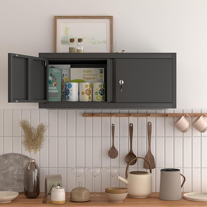 Black Storage Cabinets Wall Mounted, 12.8”H Upper Cabinet for Home, Metal Cabinets with Doors, Locking RV Storage, Floating Garage Tool Cabinet for Warehouse