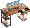 DUMOS 48" Small Computer Home Office Desk for Bedroom with Drawers, Gaming Writing Study Table with Storage Shelf, Adjustable Feet, Metal Frame Natural Brown
