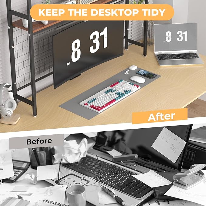 FAHKNS 2-Tier Desktop Bookshelf - Metal Desktop Bookshelf Organizer，Desk Book Organizer with 3 Hooks & DIY Storage Mesh，Suitable for Office/Game Room/Study/Powder Room（Black）
