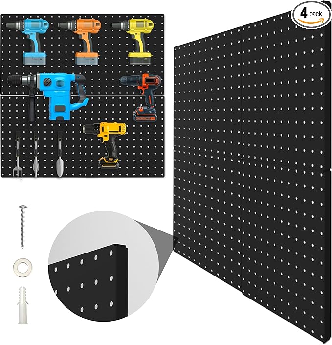 Peg Board, 4 Pack Metal Pegboard Panels Black Pegboards Wall Organizer with Bent Frame Large Heavy Duty Peg Board for Walls Home, Garage Tool Storage, Office Organization, Craft Room, Kitchen