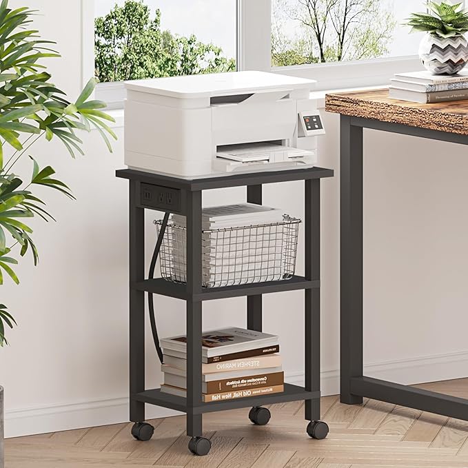 TUTOTAK 3 Tier Printer Stand, Rolling Printer Cart with Power Outlets and USB Ports, Mobile Printer Table with Wheels, for Under Desk, Office, Home, Greige PS02BK001