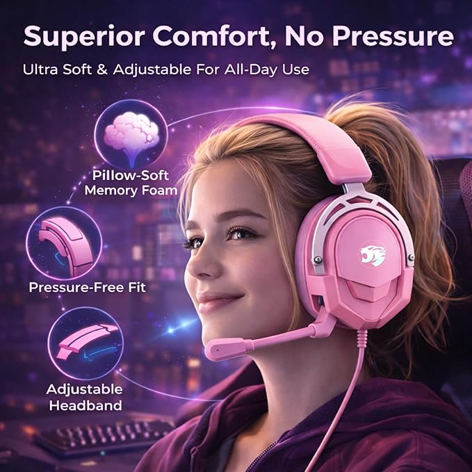 K98 Wired Gaming Headset, Durable Aluminum Frame Gaming Headset with Memory Earmuffs, 50mm Dynamic Drivers Stereo Surround Sound, Over Ear Headset for PC, PS4, PS5, Switch, Xbox One, Mac (Pink)