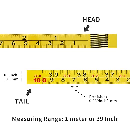 2 Packs Steel Self-Adhesive Measuring Tape, Right to Left Reading 100cm or 39-Inch Imperial and Metric Ruler Tape, 1/2-Inch Peel and Stick Tape Measure for Woodworking, Saw, Drafting Table, Yellow