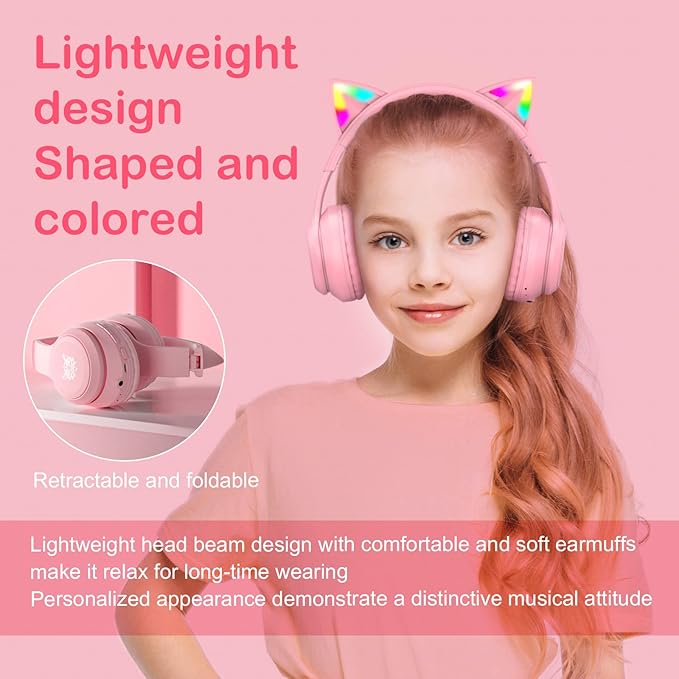Pink Bluetooth Cat Ear Headphones for Kids & Adults, Wireless & Wired Mode Foldable Headset with Mic - Clear Sound Quality - RGB LED Light, for Girls School Gaming, for Phone/Laptop/PC/Tablet