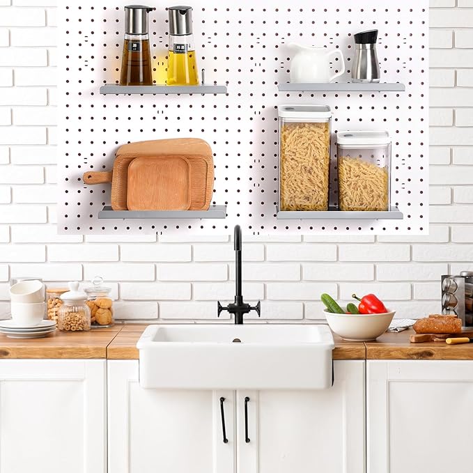 Beeveer 4 Pcs Pegboard Shelves Wall Organizer Brackets Pegboard Steel Tray Accessories Organizing Tools for Craft Garage Nursery Workbench Kitchen(10.04 x 4.33 Inch,Silver)