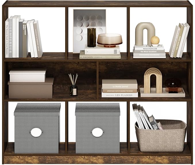 Furinno DALY Book Shelf, 8-Cube Bookshelf, Horizontal Cube Storage Organizer Bookcase, 10.9 x 47.2 x 39.4, for Living Room, Bedroom, Home Office, Amber Pine