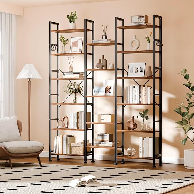 Furologee Triple 6 Tier Bookshelf, Bookcase with 17 Open Display Shelves, Wood and Metal Shelf Storage Organizer,Industrial Wide Shelving Unit for Living Room,Home Office,Rustic Brown