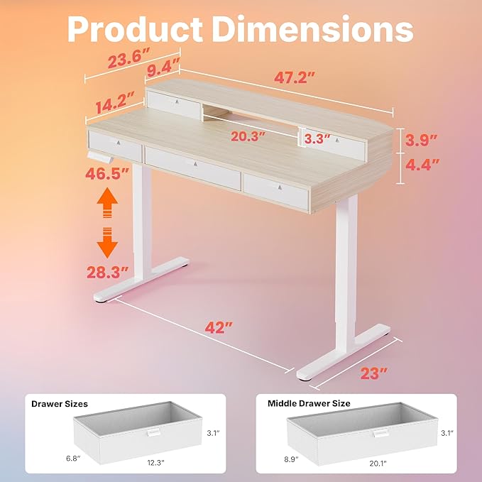 HUANUO 48 x 24 inch Electric Standing Desk with 4 Drawers, Adjustable Height Sit Stand Home Office Desk, C-Clamp Mount Compatible, Ergonomic Stand up Desk with 4 Preset Heights, Natural
