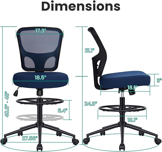 Armless Drafting Chair Tall Office Chair for Standing Desk - Adjustable Height Mesh Ergonomic Drafting Stool with Foot Ring & Wheels, Rolling Counter Height Computer Chair for Home Office