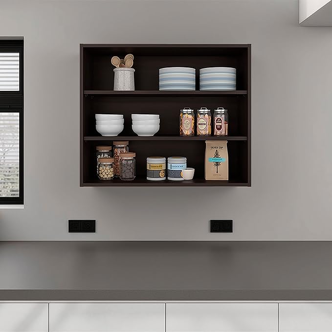 Stained Walnut Open Storage Wall Cabinet Triple-tier organization delivers easy access and ample storage for spices, jars, oils, and kitchen essentials stacking items neatly for daily convenience Re