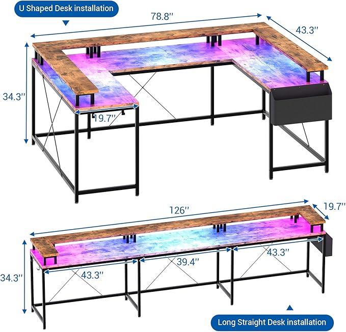 Jojoka U-Shaped Computer Desk with Power Outlets & RGB LED Lights - Reversible l-Shaped Office Desk, Full Monitor Stand, Modern Home Office Workstation, 600lbs Capacity 79",Game Desk, Multiple Colors