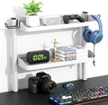 Clamp on Desk Shelf White, 2-Tier Office Desk Shelves Organizer, 17in Small Shelf for Top of Desk with Headphone Holder, Hooks, Desktop Storage Rack for Home Workspace, Study Rooms, Gaming Accessories