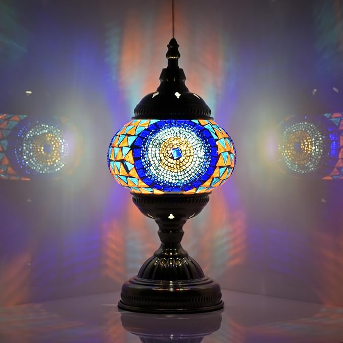 GOGERS Turkish Moroccan Table Lamp Lantern with Handmade Mosaic Glass Lampshade Tiffany Style Bohemian Stained Glass Decorative Desk Lamps Bedside Night Lights for Bedroom (Blue Colorful)