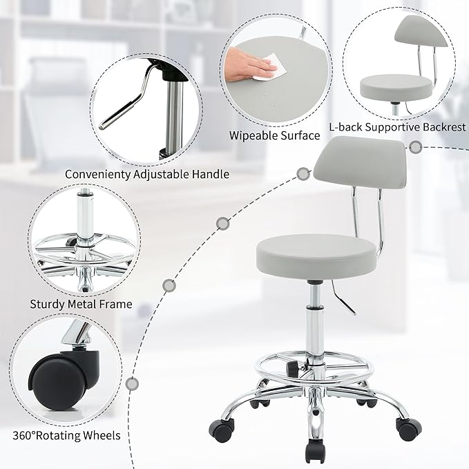 FIRAVOE Drafting Stool (Height Adjustable Office Chair with Footrest 19.5"-26.6")(Drum Stool with Back) Space Saving Tattoo Chair (Gray)