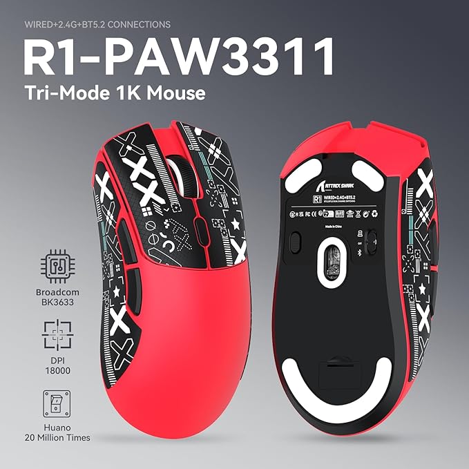 MAMBASNAKE Attack Shark R1 Wireless Gaming Mouse,PAW3311 Optical Sensor 18K DPI,59g Ultralight 2.4Ghz/BT/Wired Computer Mice for Win/Mac-Red&Tape