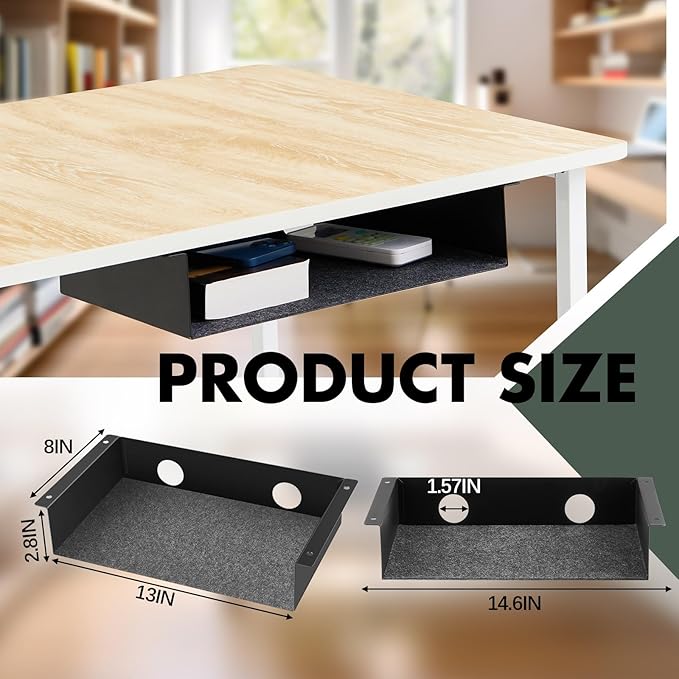 Yaocom 2 Pack Under Desk Hanging Shelf, Carbon Steel Storage Tray with Mute Felt Sheets, Mount Shelves Organizer for Office Home Workstation Gaming Desk Stand up(13x8x2.8 in/Storage Shelf,Black)