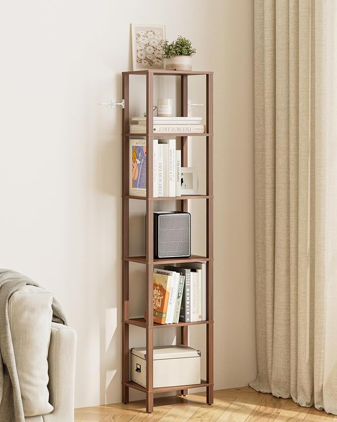 Open Book Shelf, 6 Tier Tall Bookshelf, Freestanding Shelf Narrow Bookcase with Open Shelves, 14.57" x 10.63" x 65.83", Book Shelves for Living Room, Office, Study, Walnut