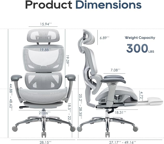 COLAMY Ergonomic Mesh Office Chair, High Back Desk Chair with Footrest, Adjustable Headrest and 3D Arms, Fixed Tilt Lock, Lumbar Support, Breathable Mesh Computer Chair for Home Office,Grey