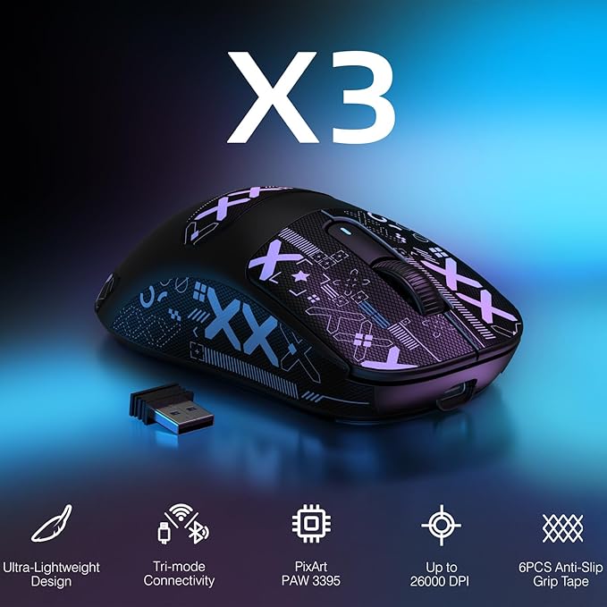 ATTACK SHARK X3 Lightweight Wireless Gaming Mouse with Tri-Mode 2.4G/USB-C Wired/Bluetooth,26K DPI, PAW3395 Optical Sensor,Kailh GM8.0 Switch,5 programmable Buttons for PC/Win/Mac(Black+Stickers)