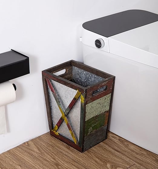 Venalys Small Wood Trash Can Wastebasket, Decorative Barn Door Garbage Can Waste Basket, Rustic Distressed Rectangular Trash Bin, Farmhouse Wooden Storage Basket Waste Paper Bin (Random)
