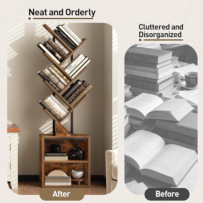 RALGEND Tree Bookshelf, 6 Tier Bookcase with 2 Storage Racks, Free Standing Tall Wooden Bookcase, Floor Standing Book Shelf Organizer for Living Room, Bedroom, Study, Home Office, Rustic Brown