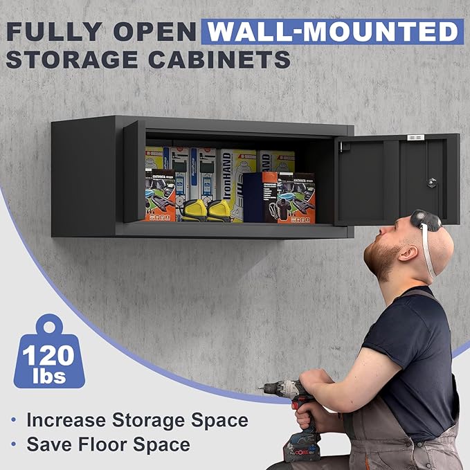 Black Storage Cabinets Wall Mounted, 12.8”H Upper Cabinet for Home, Metal Cabinets with Doors, Locking RV Storage, Floating Garage Tool Cabinet for Warehouse