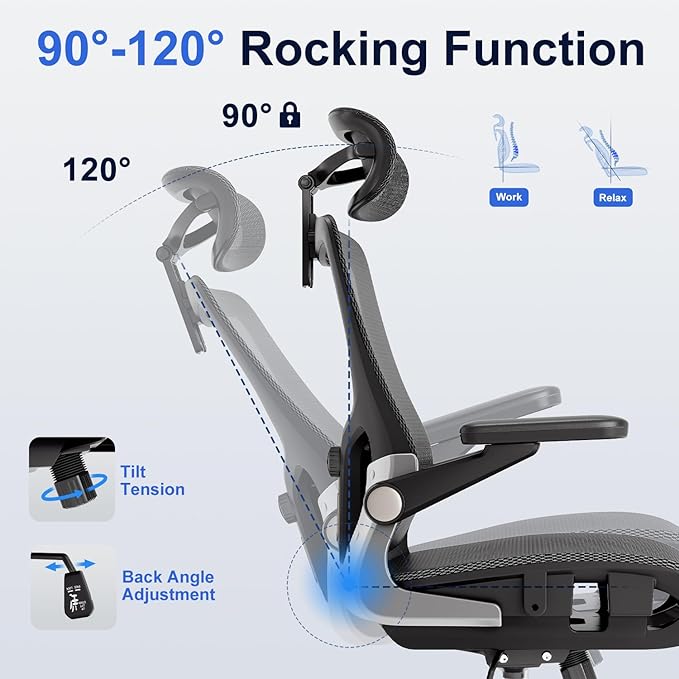 marrap Ergonomic Office Chair, Mesh Seat Cushion with 3D Armrests and 3D Headrest, Adjustable Lumbar Support with 90-120° Rocking Function, Black
