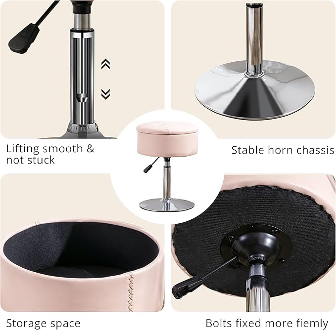 LUE BONA 360°Swivel Vanity Stool Chair for Makeup Room, Height Adjustable Stool for Vanity with Storage, Small Pink Faux Leather for Bathroom, Living Room