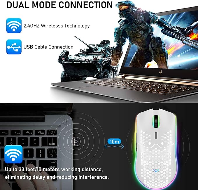 XINMENG Wireless Gaming Mouse Lightweight Honeycomb Design 3200 DPI Rechargeable Gaming Mouse with 16 Rainbow Backlit, USB Receiver,Compatible with PC Gamers and Xbox and PS4 Users