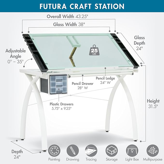 SD Studio Designs Futura Craft & Drawing Table with Adjustable Tempered Safety Glass Top – Modern Art Desk with Storage Drawers, Pencil Ledge, Matte Ivory/Sea Green Glass