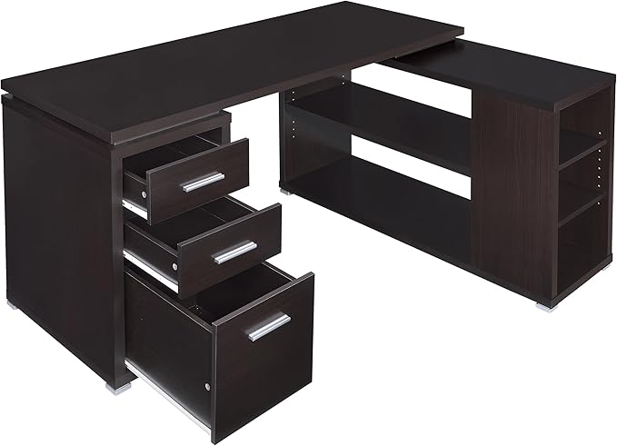 L-Shaped Computer Desk with 3 Drawers & 5 Shelves Cappuccino Brown Finish Solid Wood & MDF Corner Desk for Home Office 29.5H x 60W x 47.25D Workstation (1-Piece Set)
