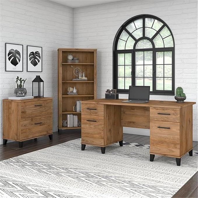 Pemberly Row 60W Office Desk Set, Fresh Walnut Finish, Engineered Wood, Includes Desk, File Cabinet & 5 Shelf Bookcase, Adjustable Shelves, Wire Management, Home Office Furniture for Workspace or