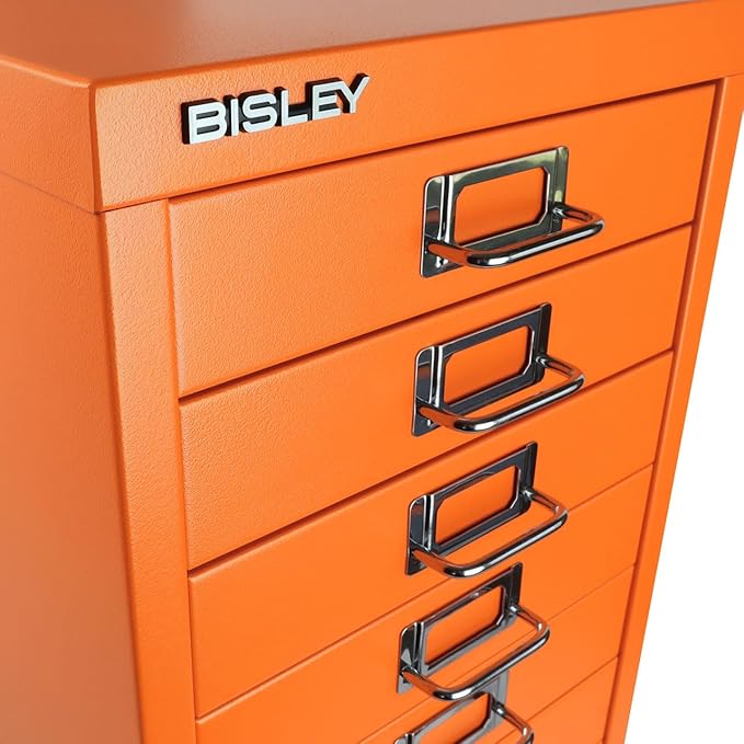 10-Drawer Steel MultiDrawer Cabinet - Bisley Orange, Chrome Pull Handles with Label Holders, Powder-Coated Steel, Removable Drawers, Fits Under Most Desks, Labels Included by Bisley