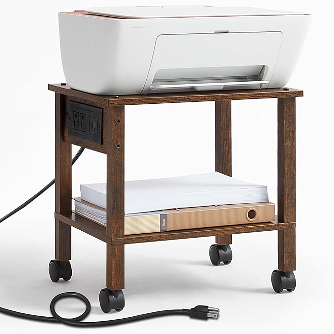 YUFAM 2 Tier Under Desk Printer Stand with Storage, Small Printer Table with Charging Station, Rolling Printer Cart Shelf with Lockable Wheels for Home, Office (Brown)