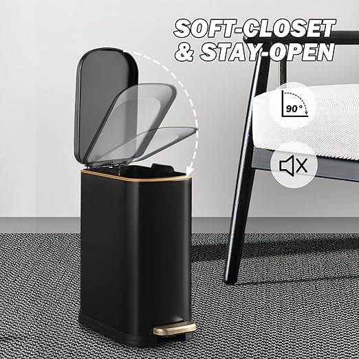 SYNCVIBE Bathroom Trash Can with Soft-Close Lid 3.5 Gallon Stainless Steel Garbage Can with Removable Inner Bucket Slim Trash Bins for Bedroom Office (Matte Black)
