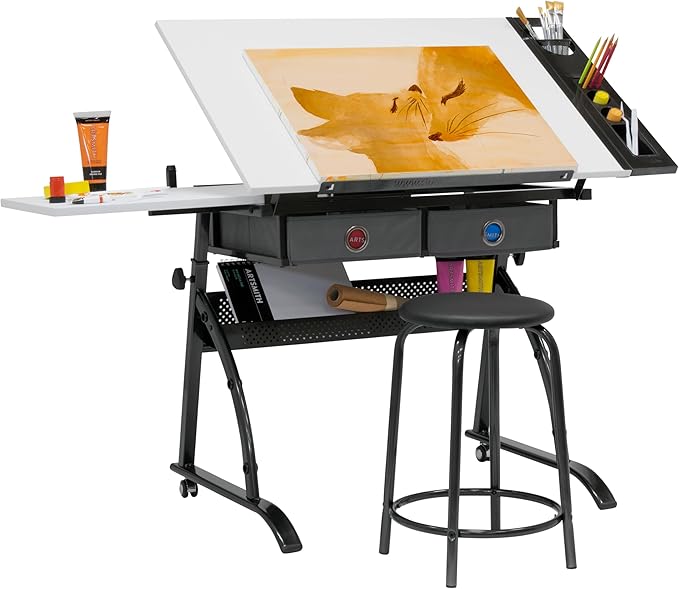 SD Studio Designs Core 2 Pc Craft Center - 35.5" W Angle Adjustable Drafting Table with Cloth Drawers, Side Shelf and Stool
