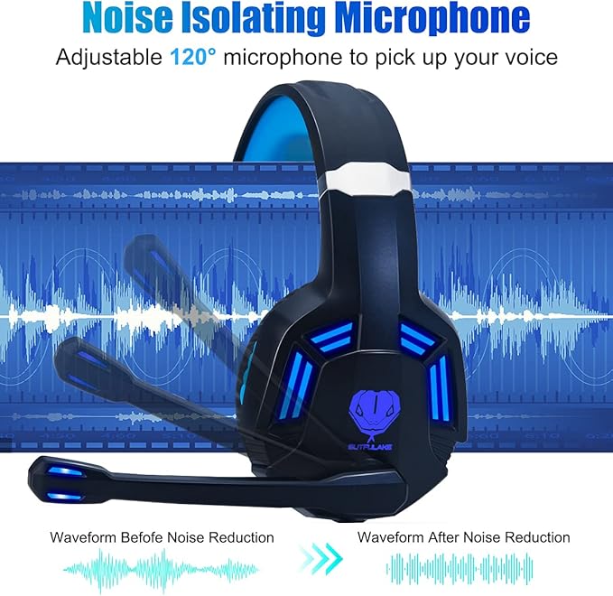 Gaming Headset for PS4, PC, Xbox One, PS5, for Nintendo Switch, Wired Over Ear Headphones with Stereo Surround Sound, Noise-Cancelling Microphone, LED Lights for Kids Adults, Black Blue