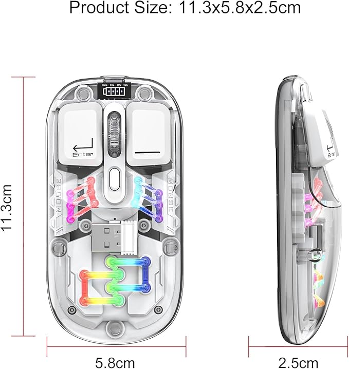 Wireless Bluetooth Mouse, Transparent BT + 2.4G Dual-Mode Mechanical Mouse with Magnetic Top Cover, Rechargeable RGB Backlit Gaming Mouse for Gaming/Esports/Desktop/Laptops/Tablets (White)