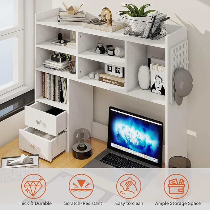 ELECWISH Desktop Bookshelf, Desk Shelf with 2 Drawers for Computer Desk, 36.22" 7-Tier Adjustable Desktop Hutch Organizer with Pegboard for Home Office, White