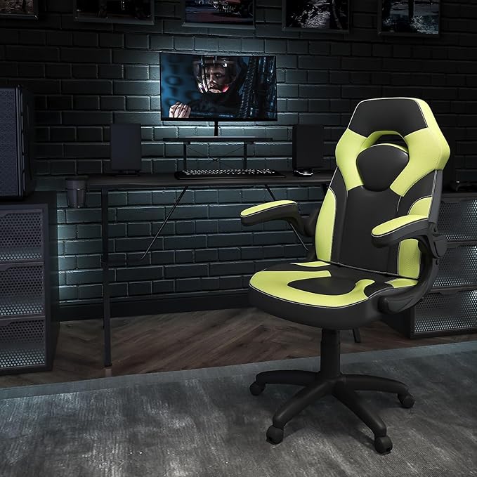 Flash Furniture Black Gaming Desk and Green/Black Racing Chair Set with Cup Holder, Headphone Hook, and Monitor/Smartphone Stand